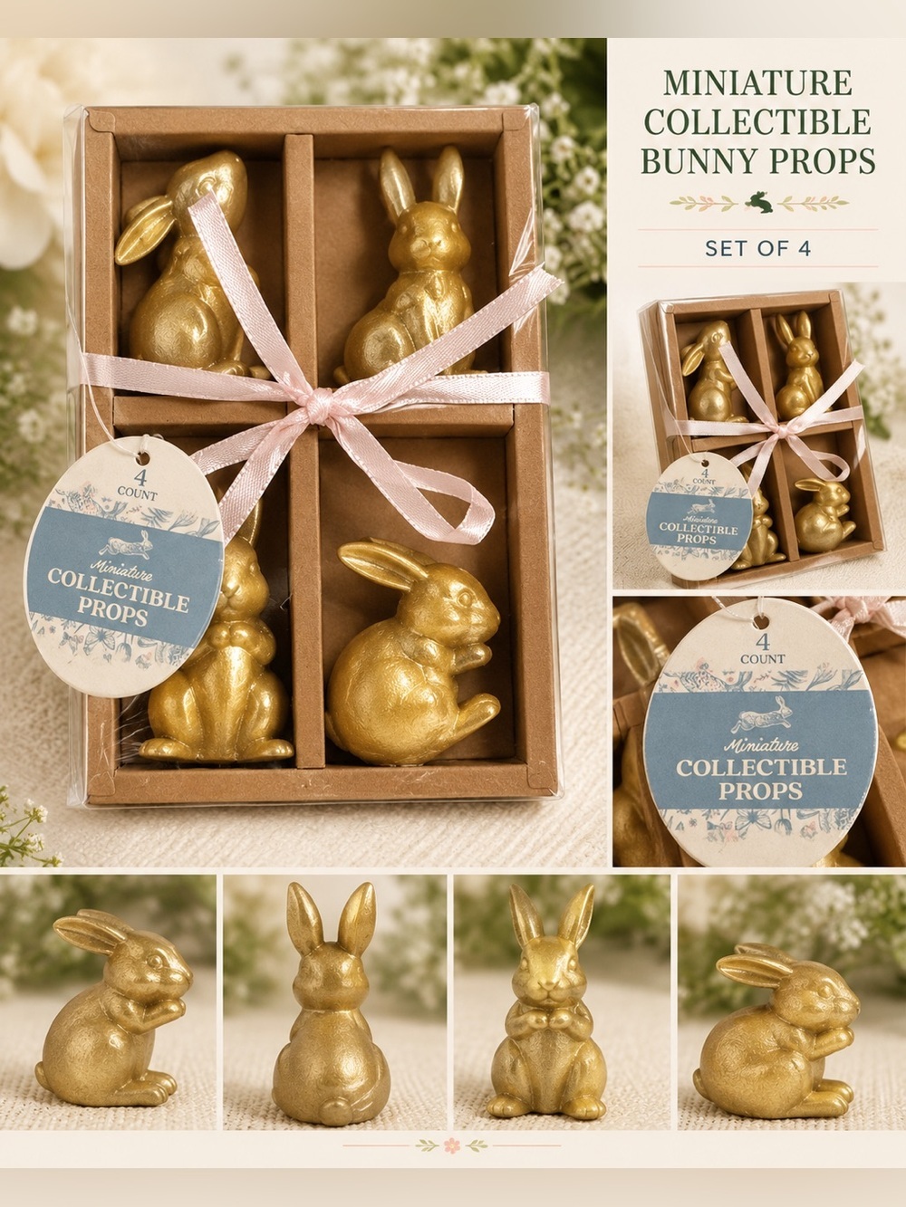 Miniature Collectible Bunny Props - Gold Set of 4